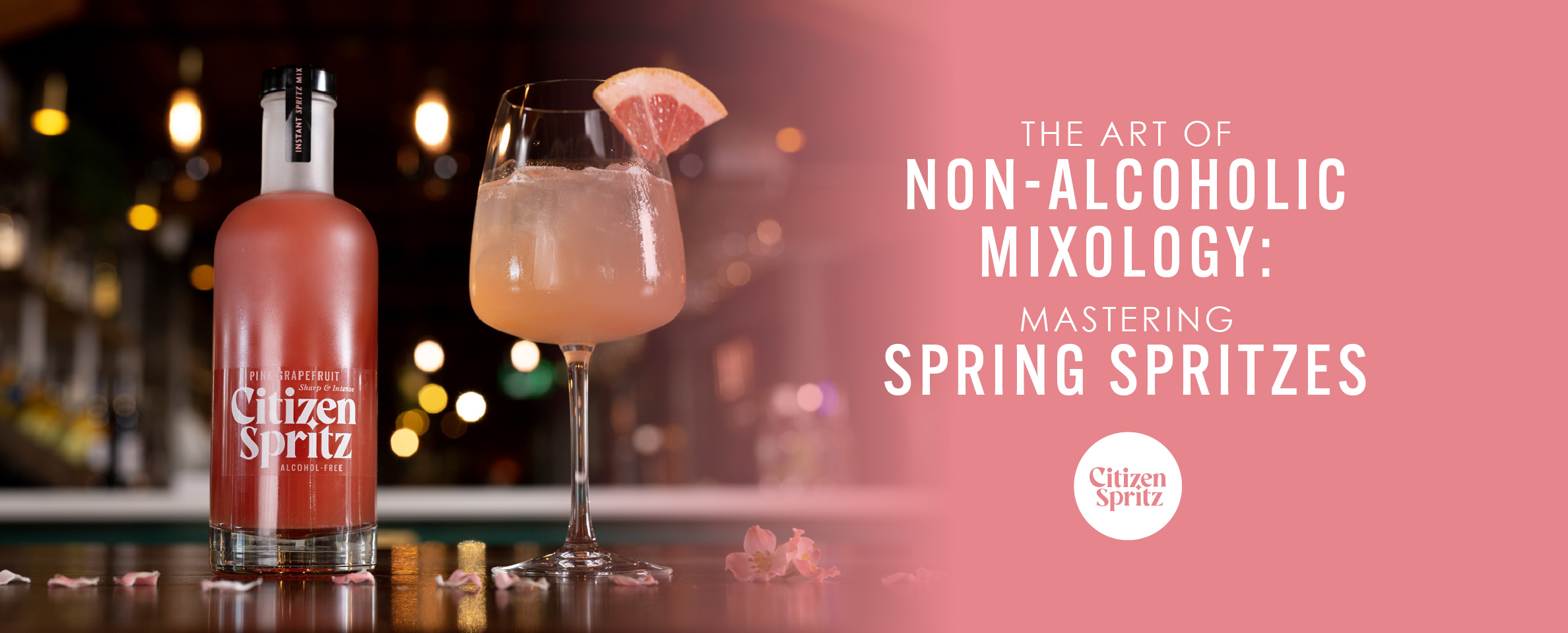 Assorted Citizen Spritz non-alcoholic beverages artfully arranged with fresh spring garnishes, highlighting the vibrant colors and natural ingredients used in non-alcoholic mixology.